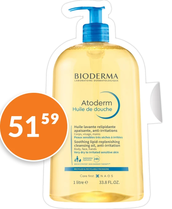 Bioderma Atoderm Huile de douche, nawilżający olejek do kąpieli i pod prysznic do ciała i twarzy, 1000 ml